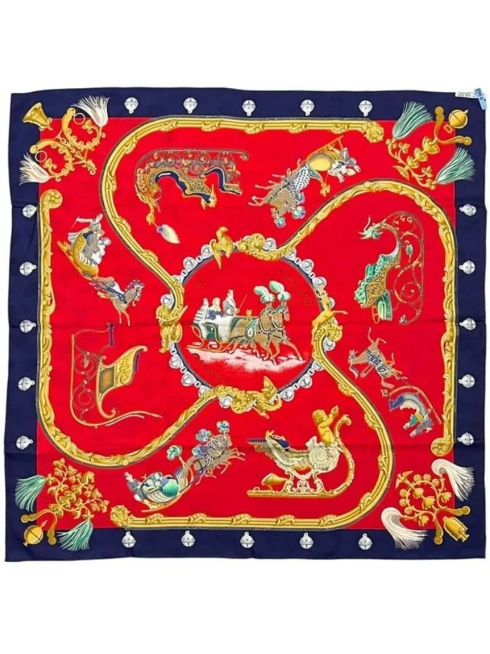 Hermes Scarf Carre 90 Red Navy Feather and Bell - Picture 2 of 7